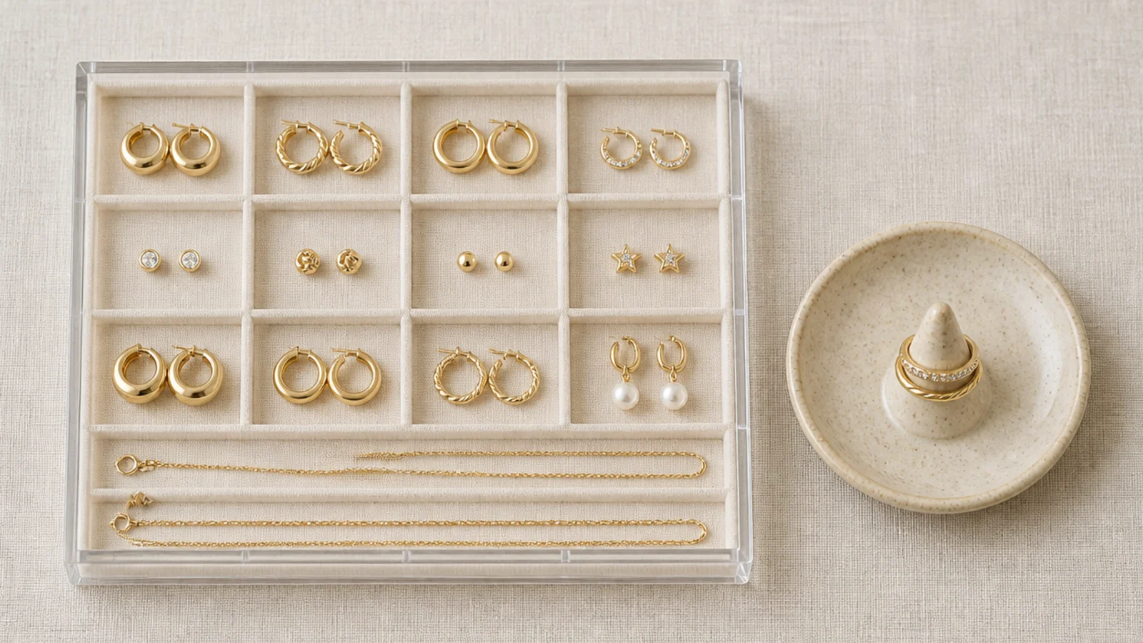 acrylic jewelry tray with compartments holding earrings rings and chains