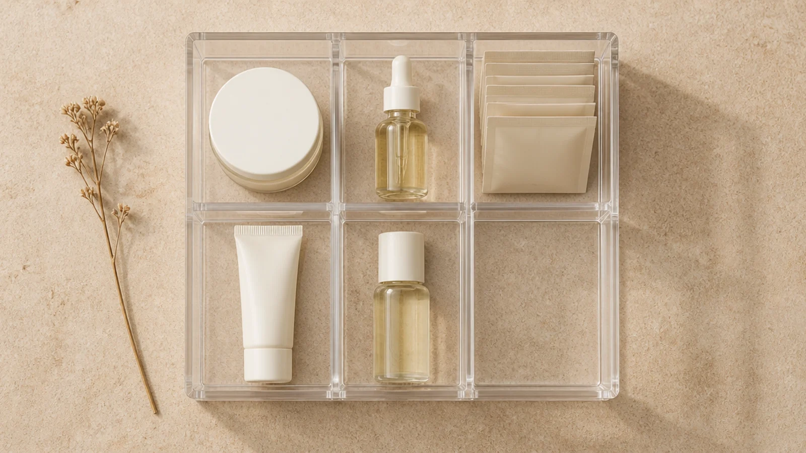 acrylic organizer with one compartment left empty for new products