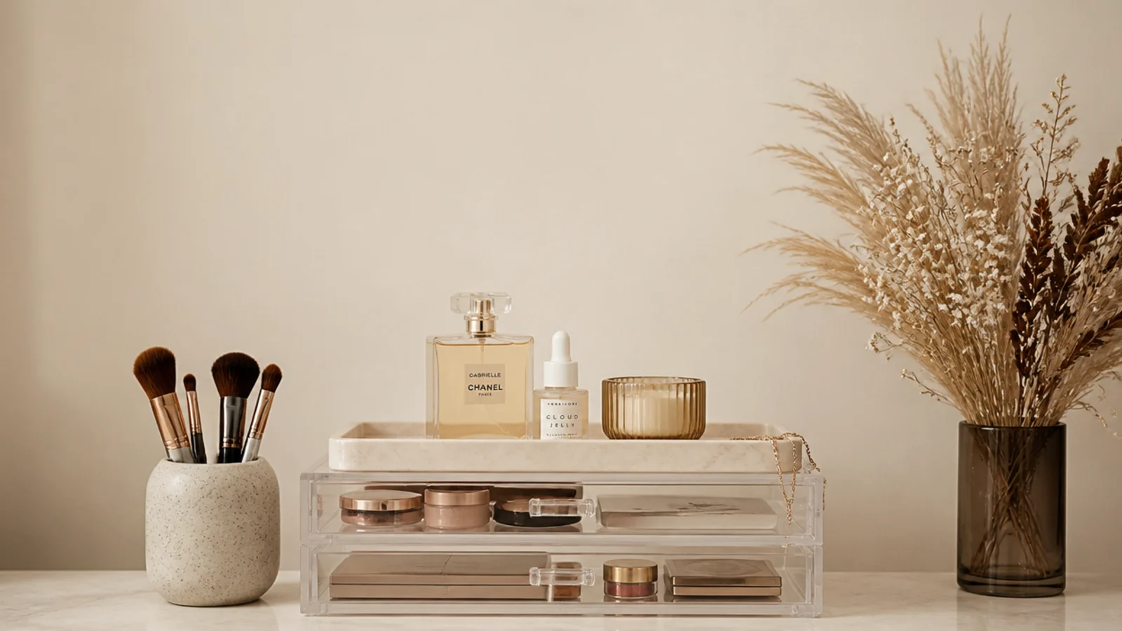 vertical view of clear acrylic vanity organizers styled with oak and stoneware