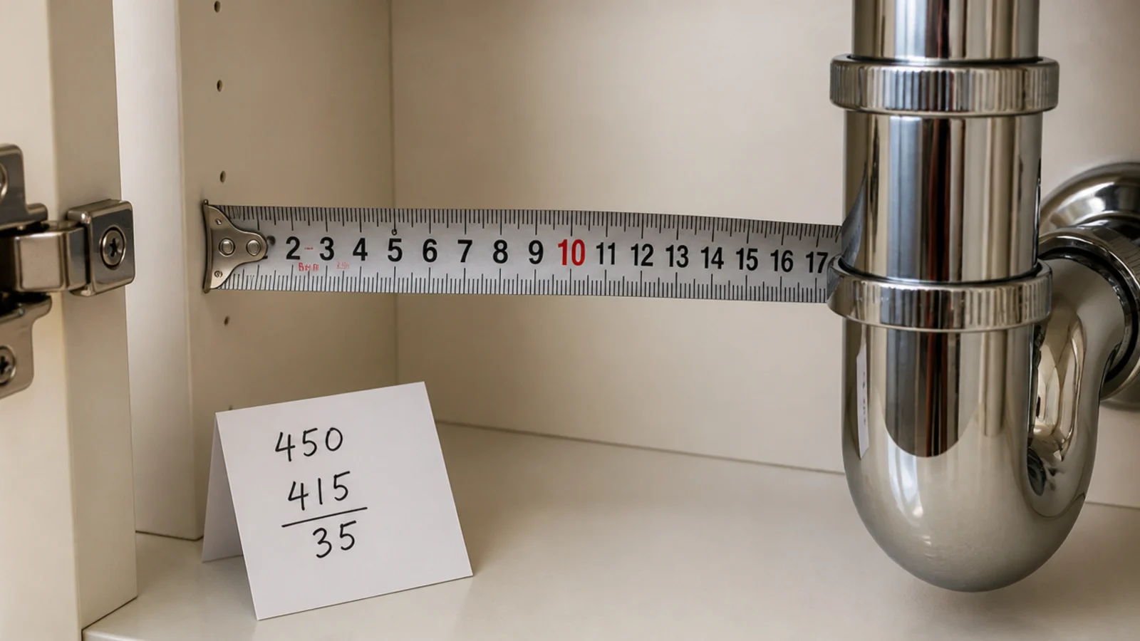 tape measure showing clear width beside a curved under sink pipe