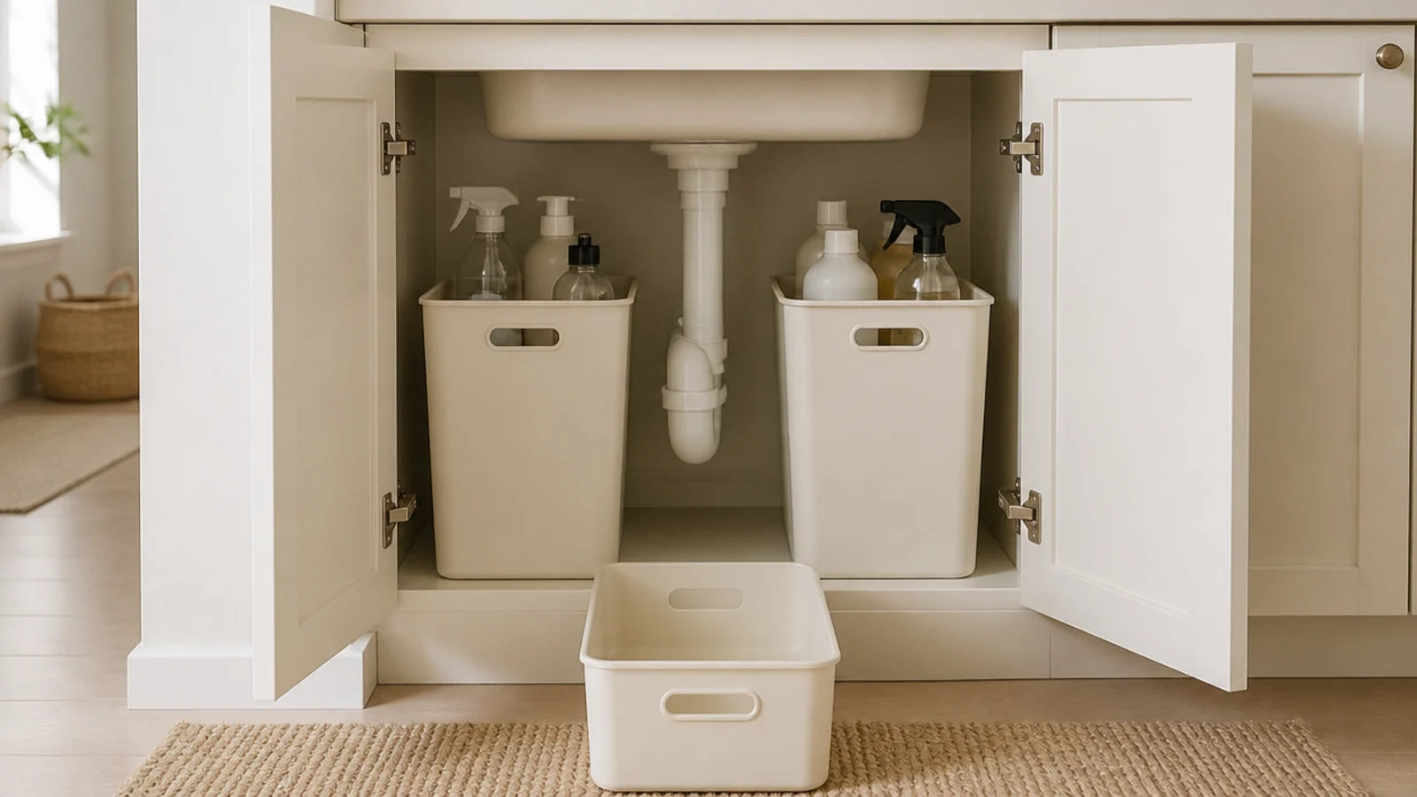 two narrow bins placed either side of the under sink plumbing