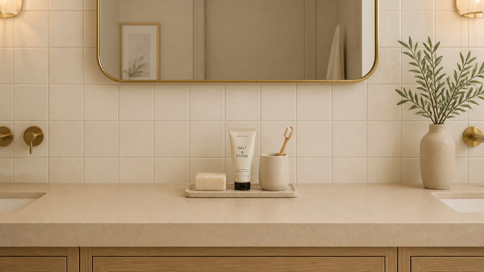 bathroom vanity countertop holding only daily products on a tray