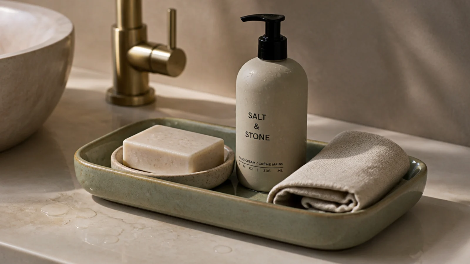 stoneware tray grouping soap and hand cream beside a bathroom sink