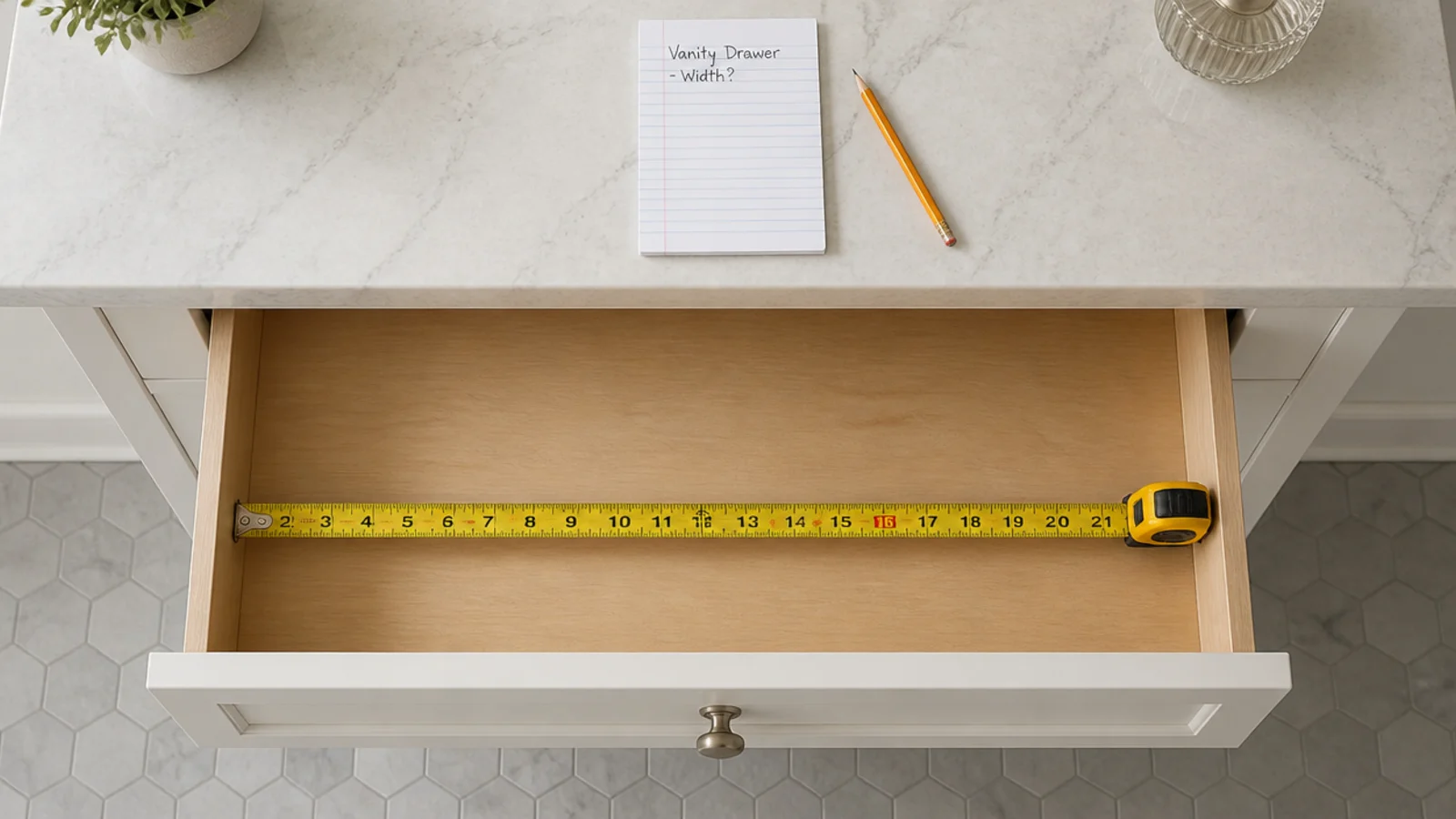 tape measure inside an empty bathroom vanity drawer before buying inserts