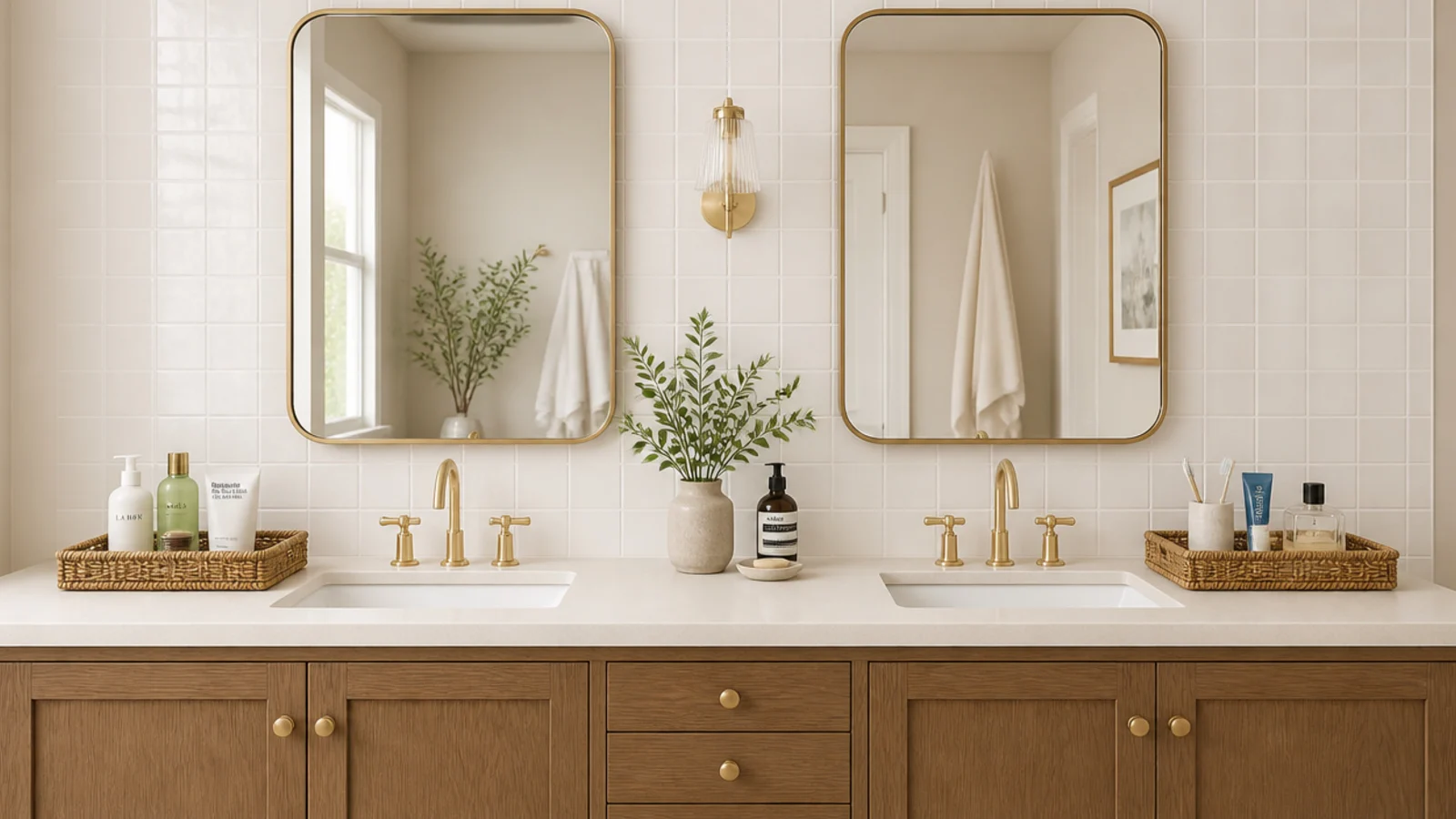 two labelled trays splitting a shared bathroom vanity between people