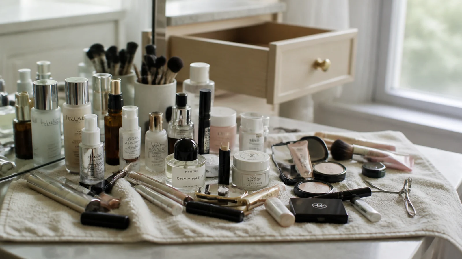 every vanity product emptied onto a cream towel before organizing