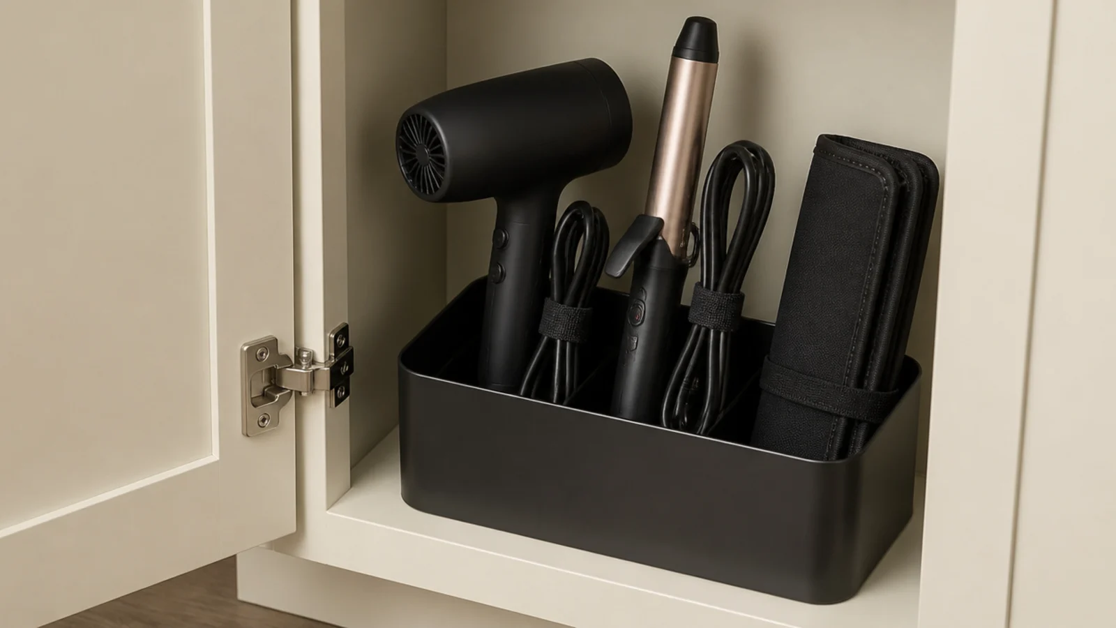 hair dryer and curling iron stored upright in a metal cabinet bin
