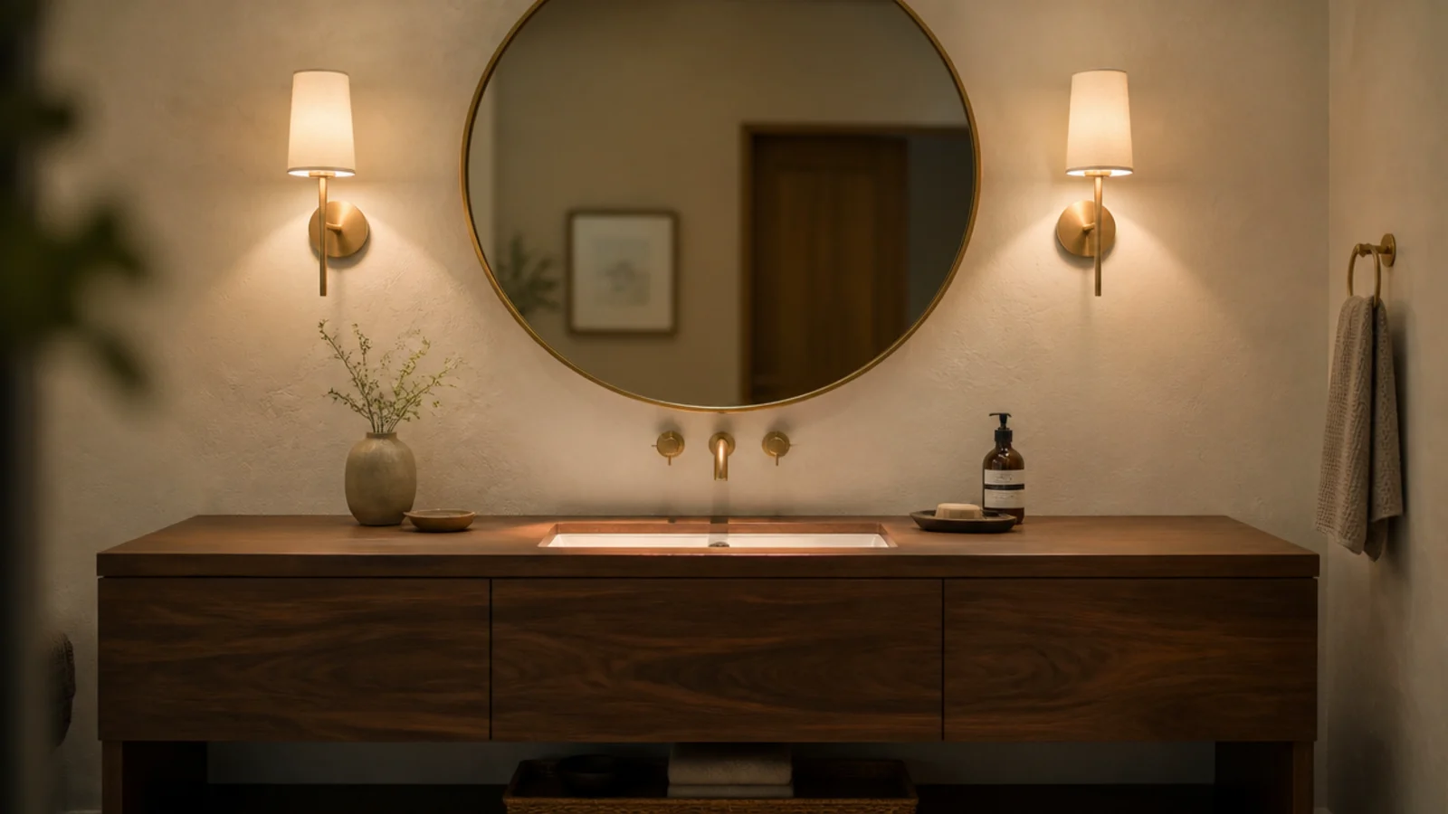 warm sconces flanking a vanity mirror lighting the face evenly