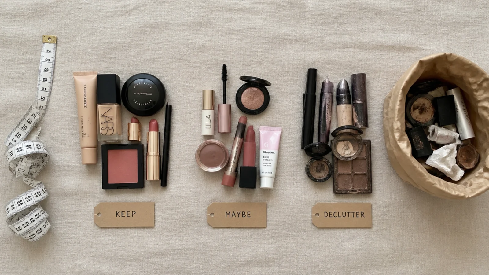 makeup sorted into daily weekly and backstock groups on linen