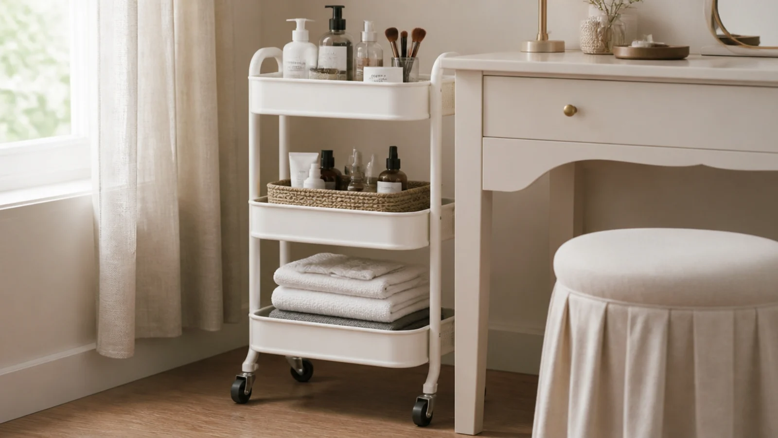 narrow rolling cart holding makeup overflow beside a small vanity