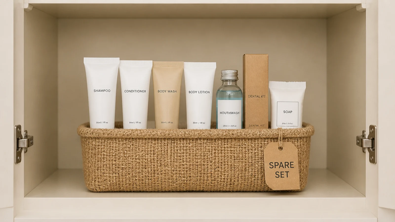 single spare of each makeup product stored in a labelled basket