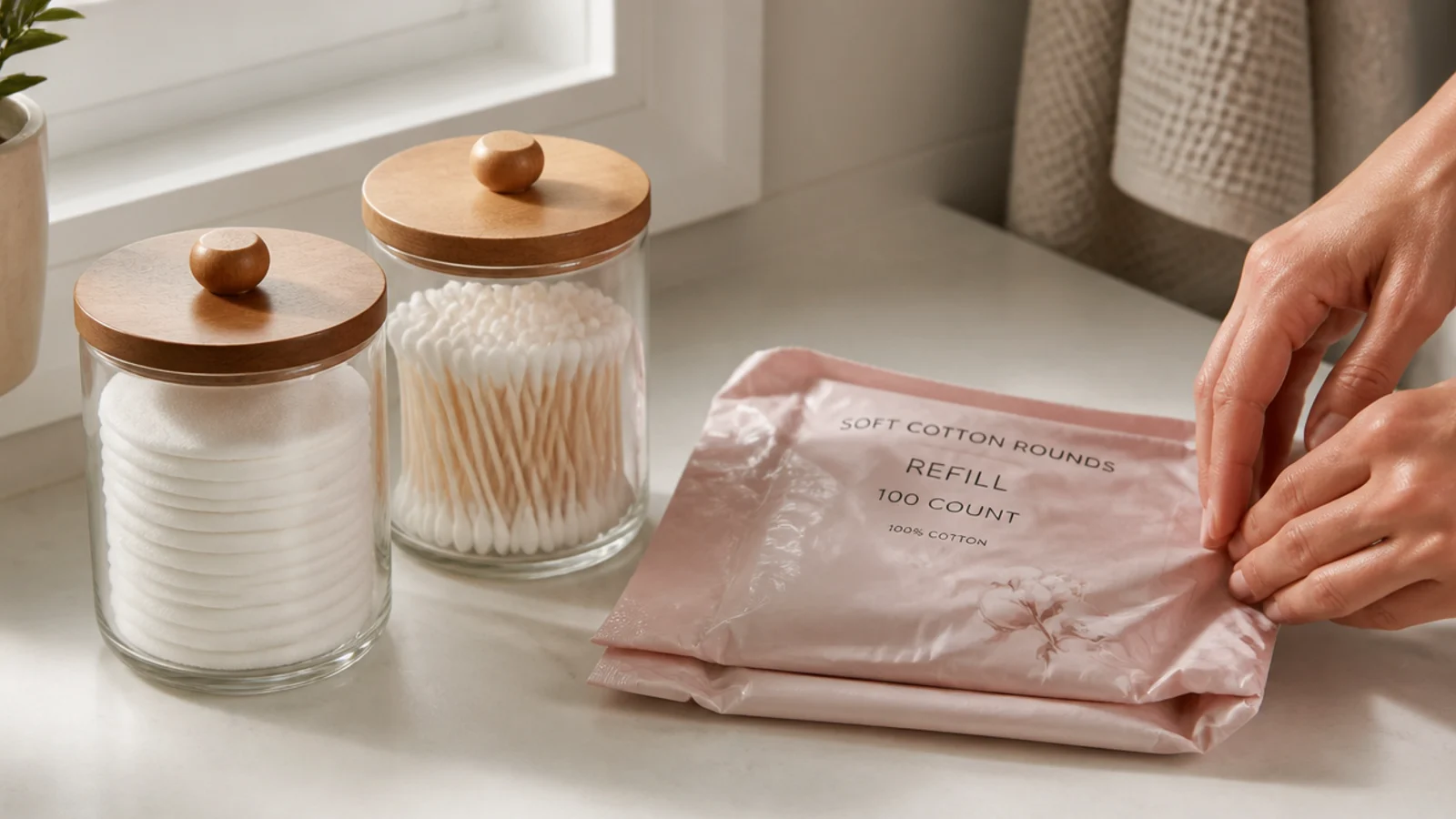 two glass canisters holding cotton rounds and swabs replacing plastic bags