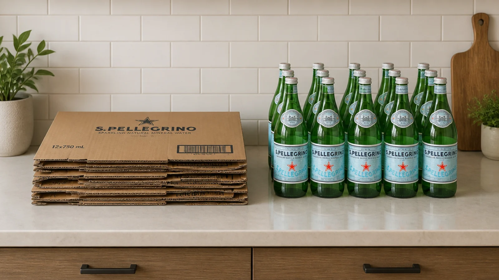 flattened product boxes being recycled beside neatly stored bare bottles