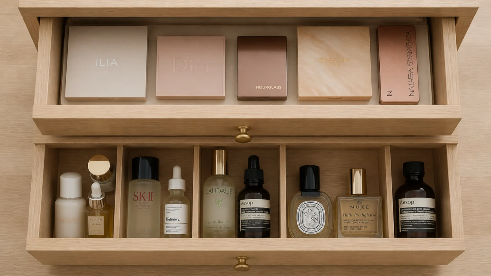 two drawers side by side holding flat palettes and upright bottles