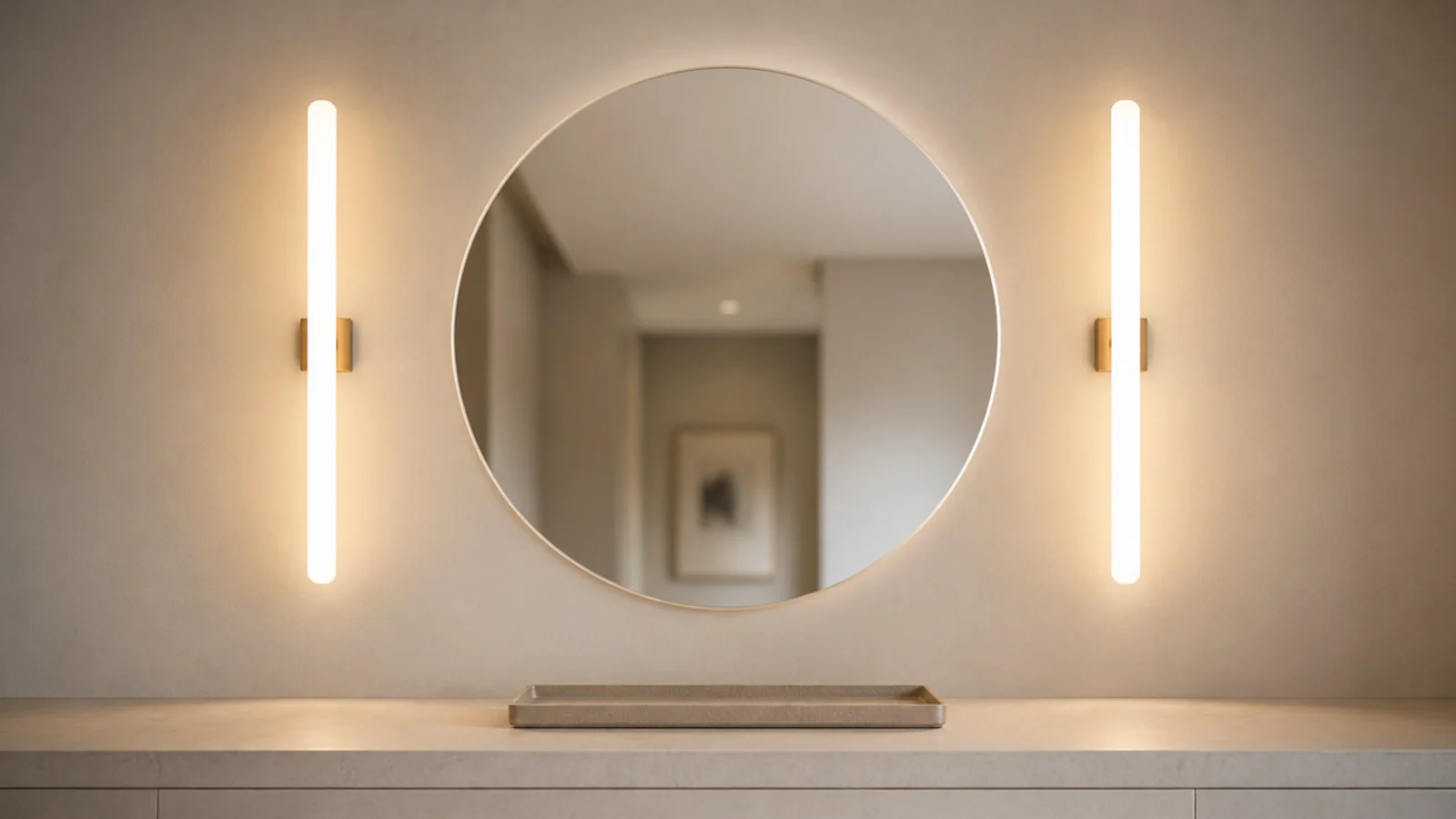 slim warm light bars flanking a mirror above an almost empty counter