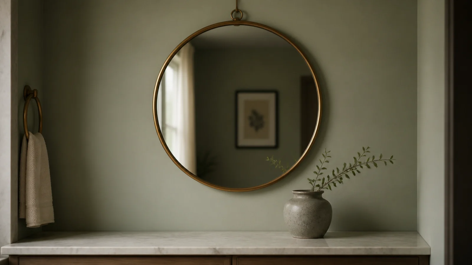 single round mirror above a calm vanity with no extra magnifying mirrors