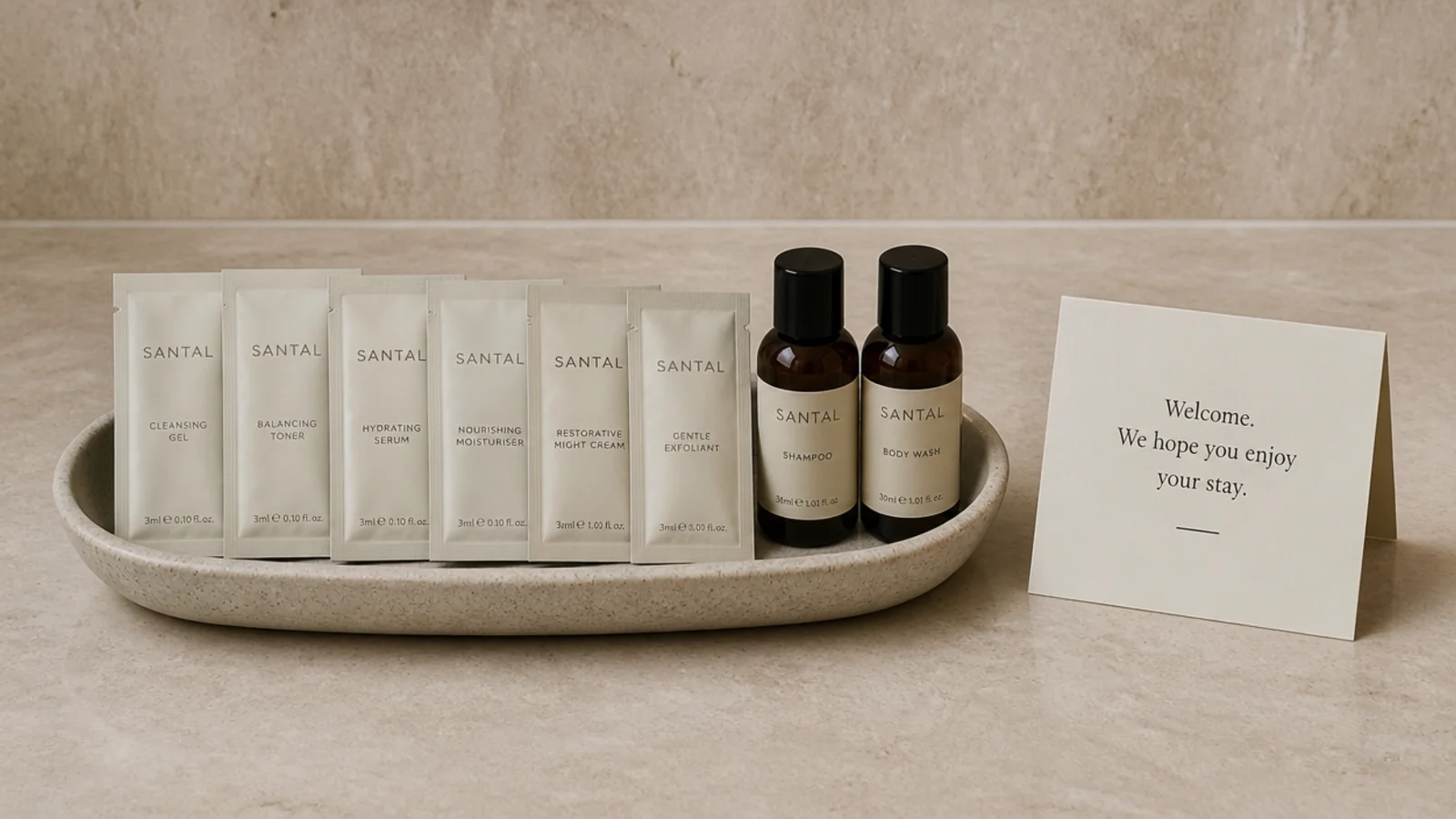 handful of skincare samples grouped in a small dish with a deadline