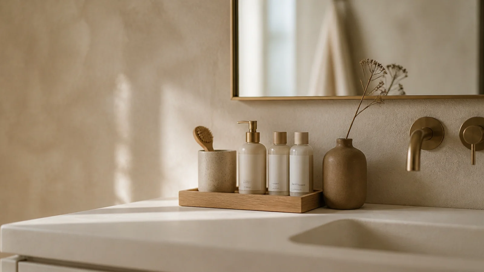 minimalist vanity organization with a pared back counter tray and brush cup
