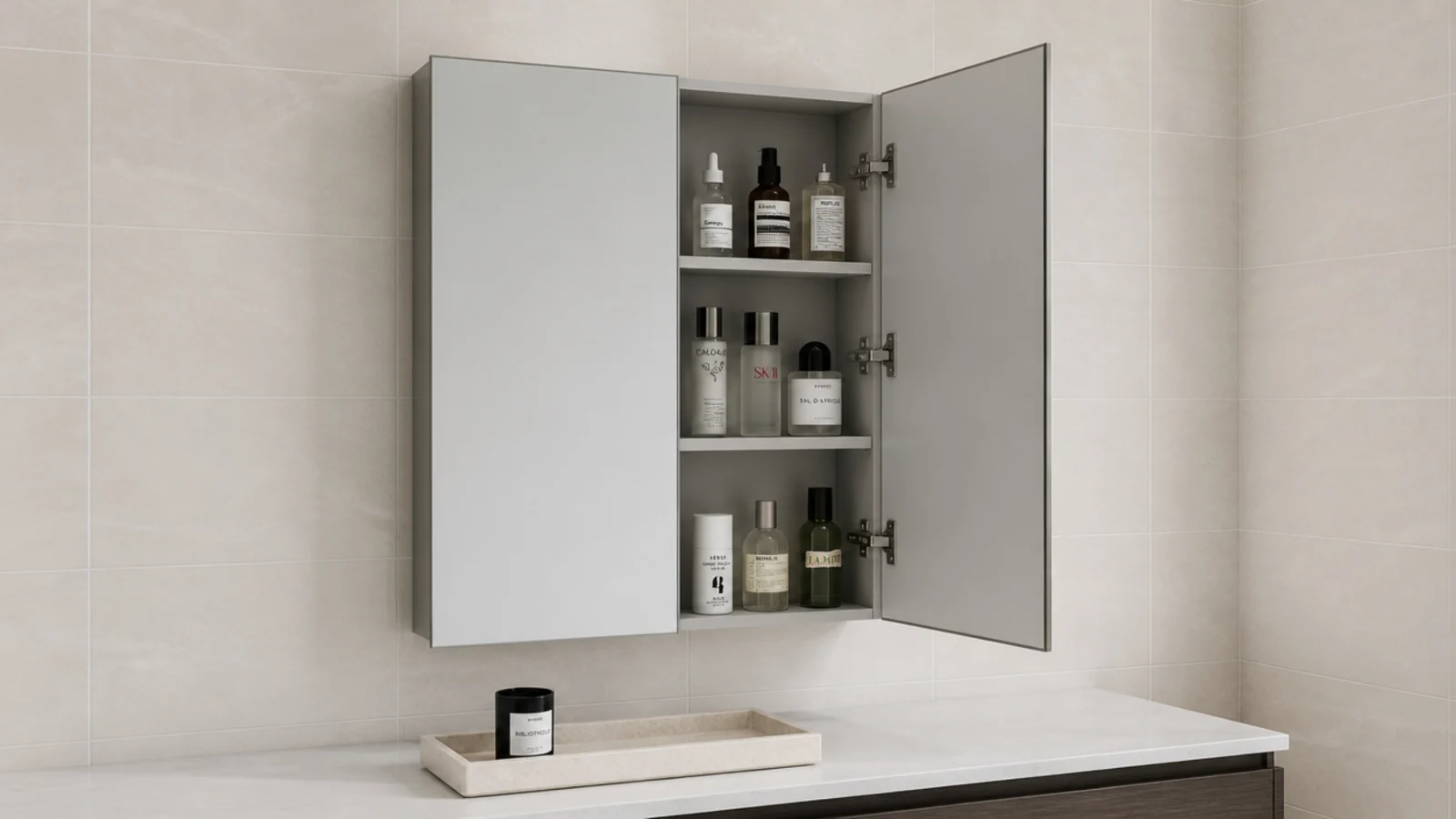 mirror cabinet opened to show shelves above a small vanity