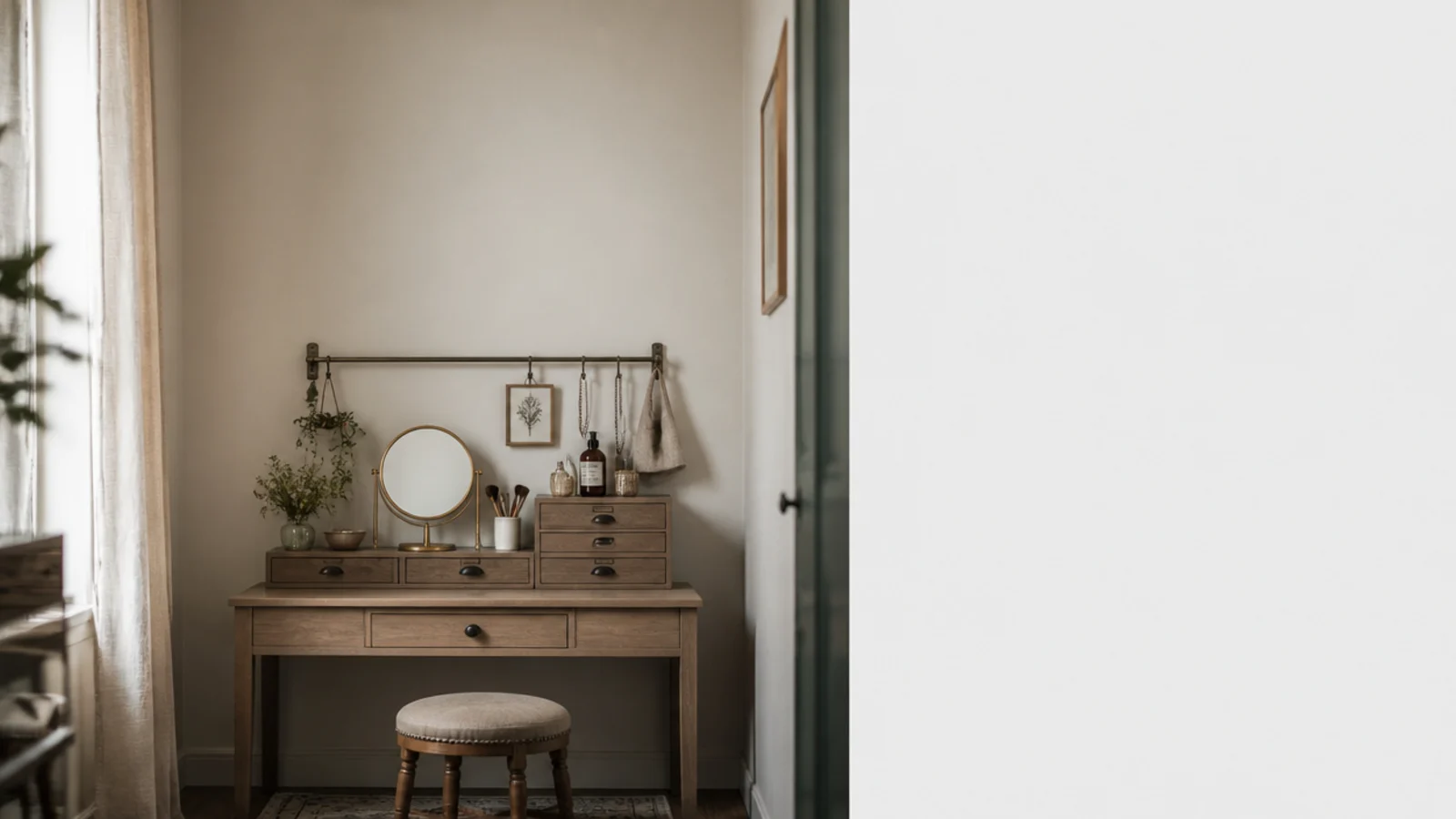vertical guide to small vanity organization with rails and stacking drawers