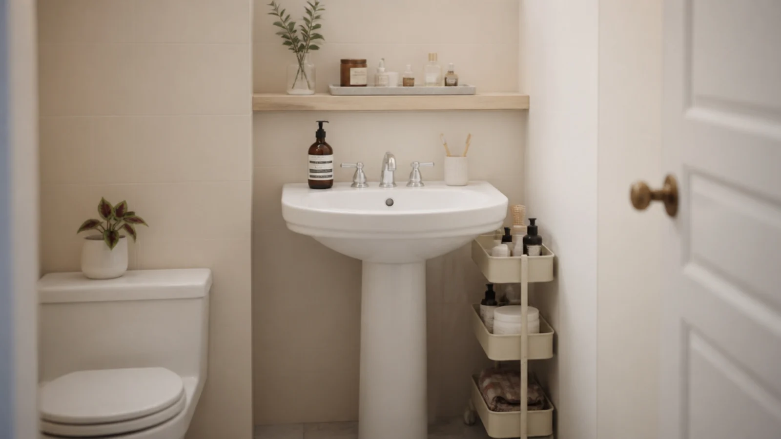 rental bathroom counter organised with a tray riser and rolling cart