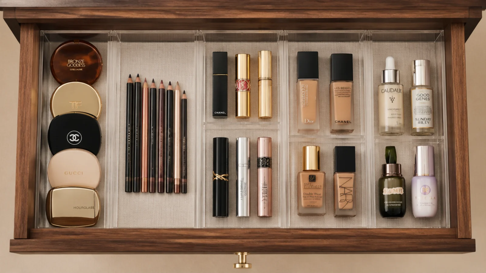 vanity drawer fitted with measured inserts holding products in place