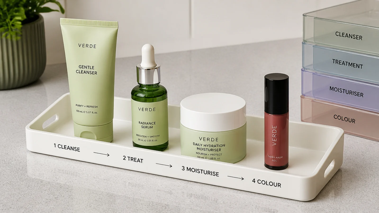 products relaid in routine order across a single vanity tray