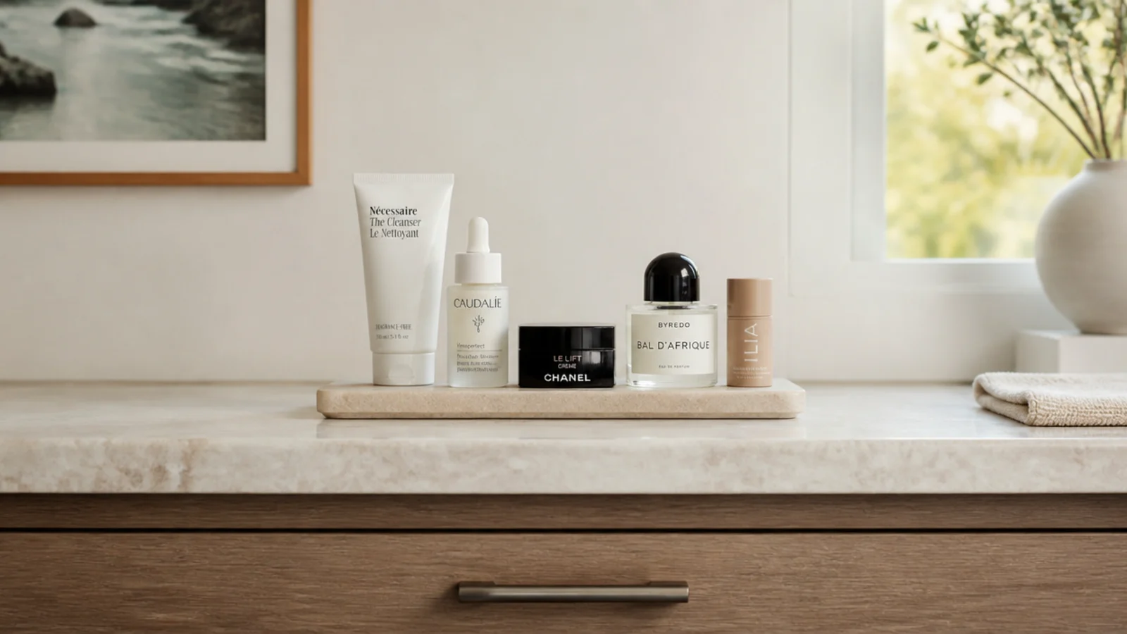 vanity counter reduced from thirty two products to five daily items