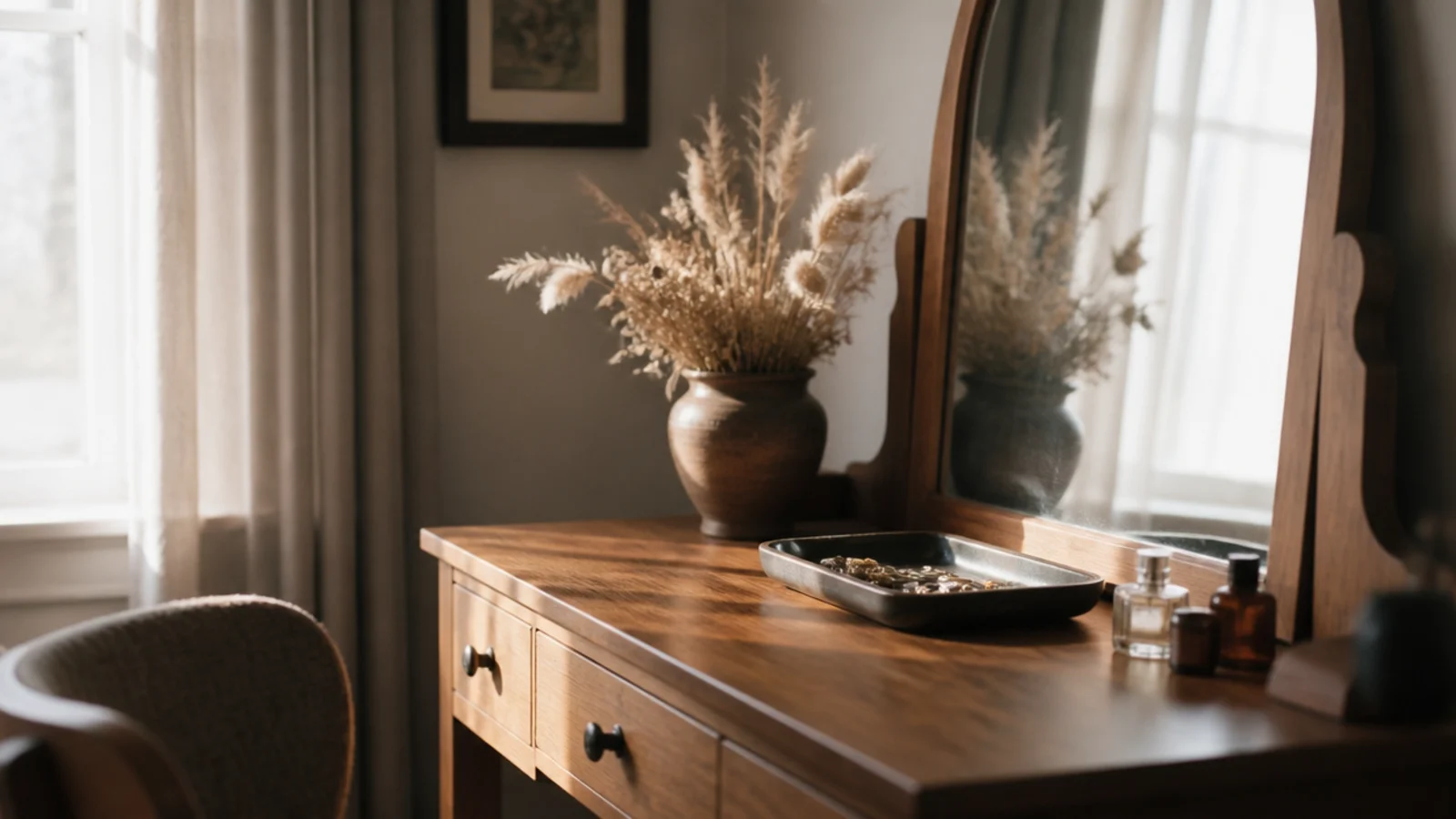 dressing table moved perpendicular to a window for side daylight