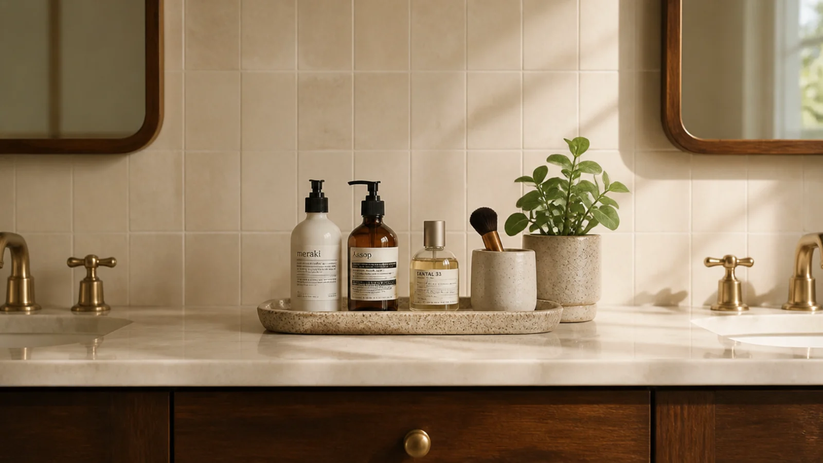 vanity before and after showing a crowded counter turned calm and simple