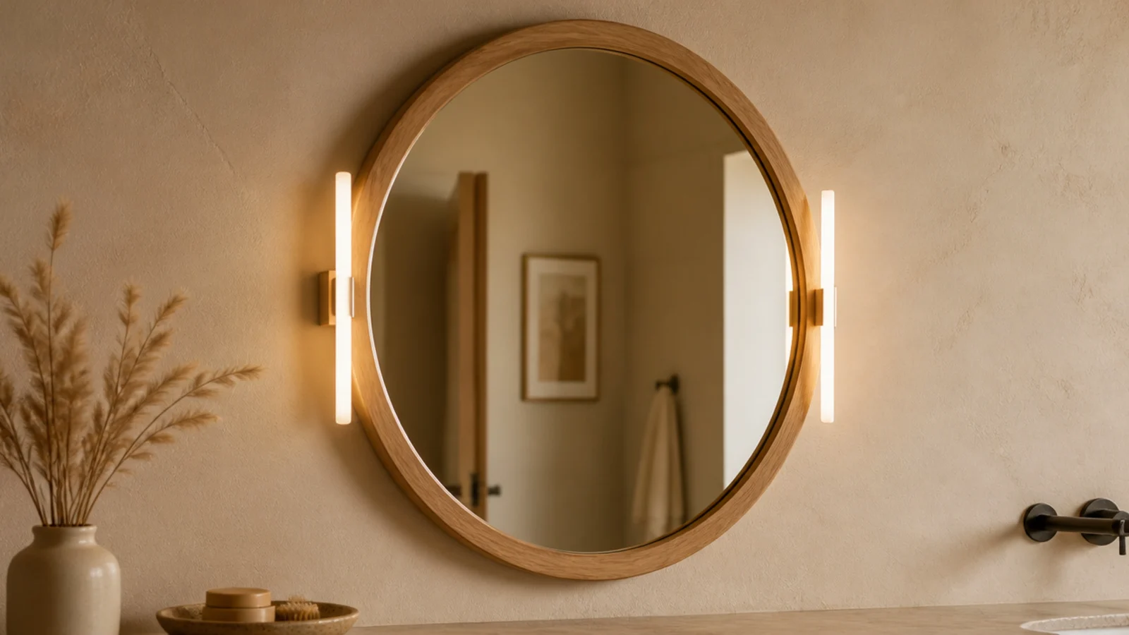 rechargeable warm light bar clipped beside a vanity mirror lighting the face