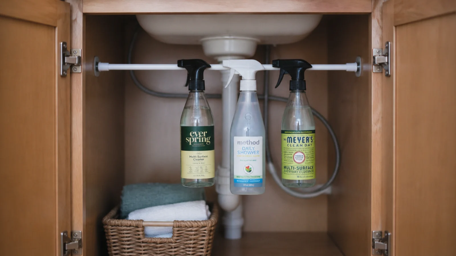 tension rod braced under a vanity sink hanging spray bottles by the trigger