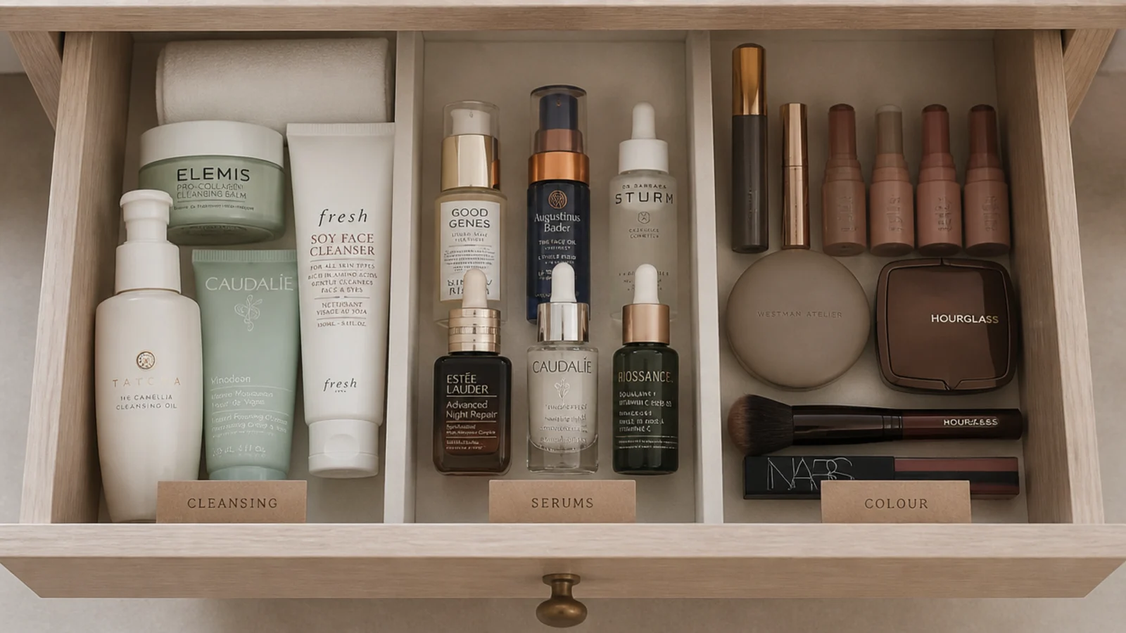 vanity drawer loaded front to back in cleanse treat colour order