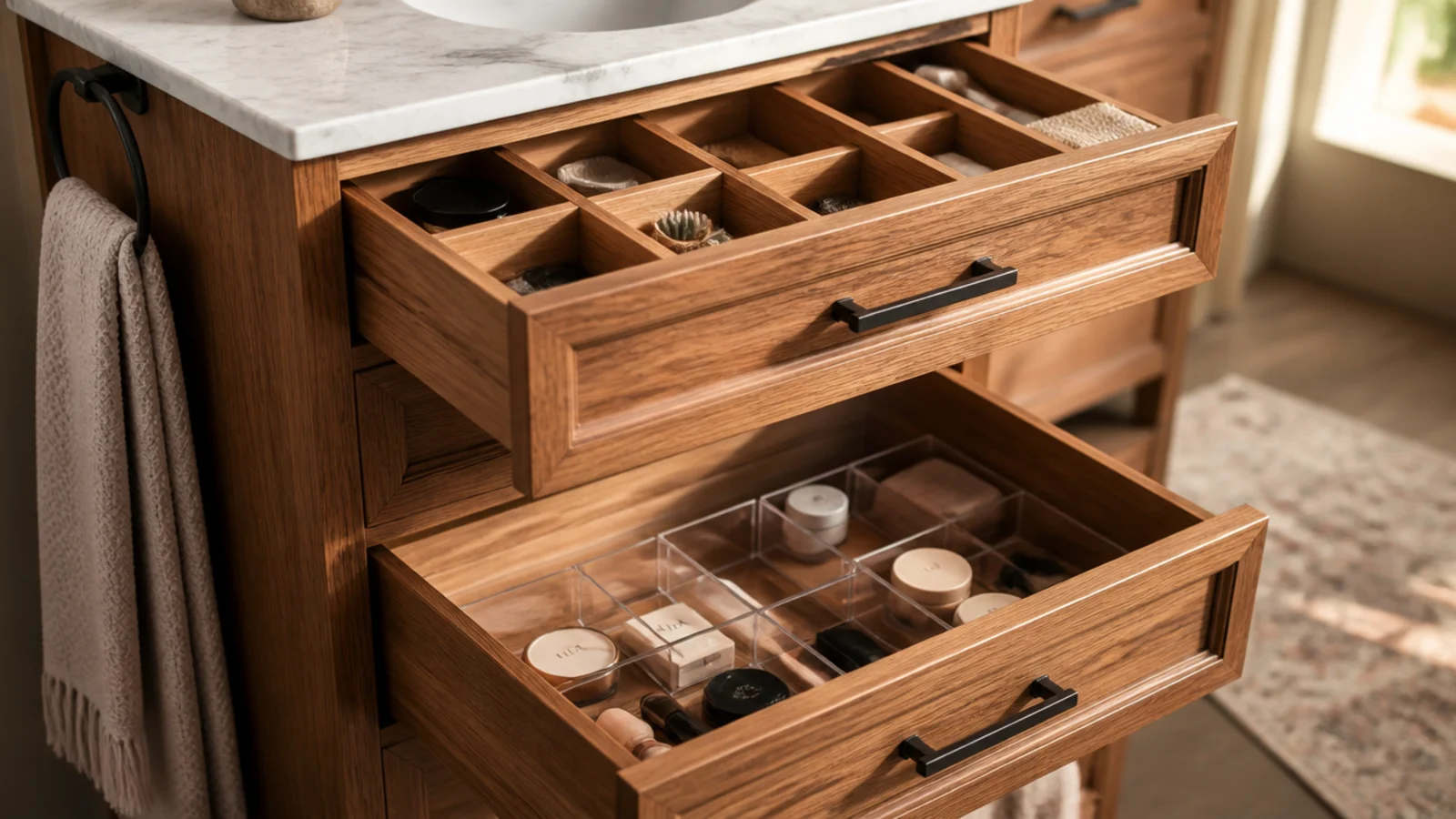 solid oak dividers in a top drawer beside plain acrylic trays below
