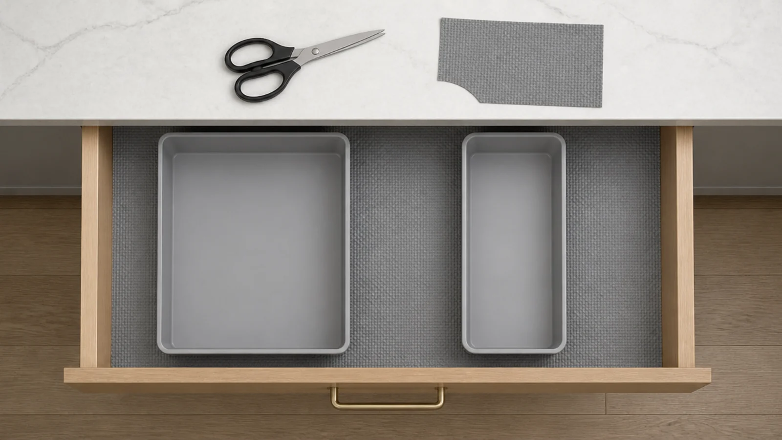 non slip liner cut to size beneath trays in a vanity drawer