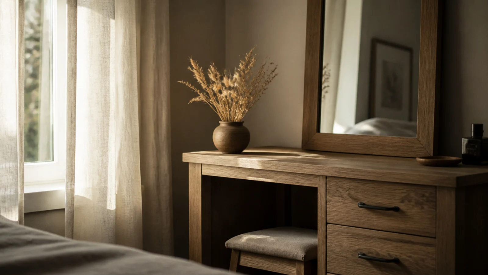 dressing table set perpendicular to a bedroom window catching side daylight