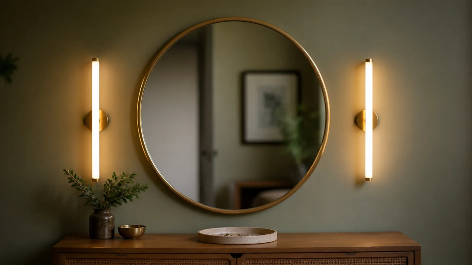 two slim warm light bars flanking a round bedroom vanity mirror