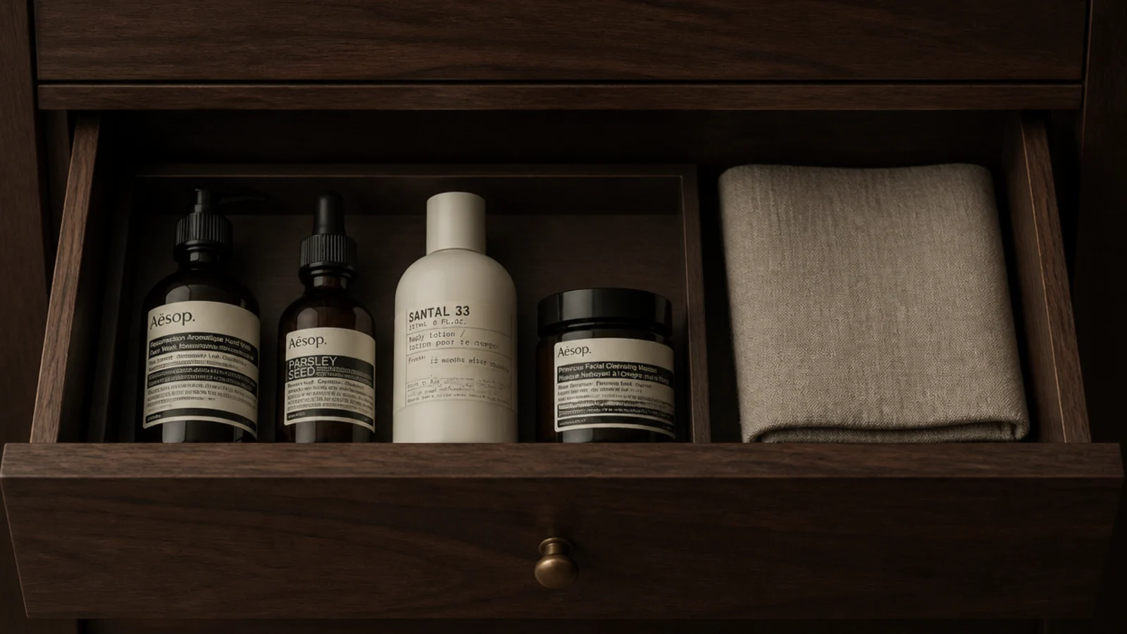 retinol and vitamin C bottles stored inside a closed dressing table drawer