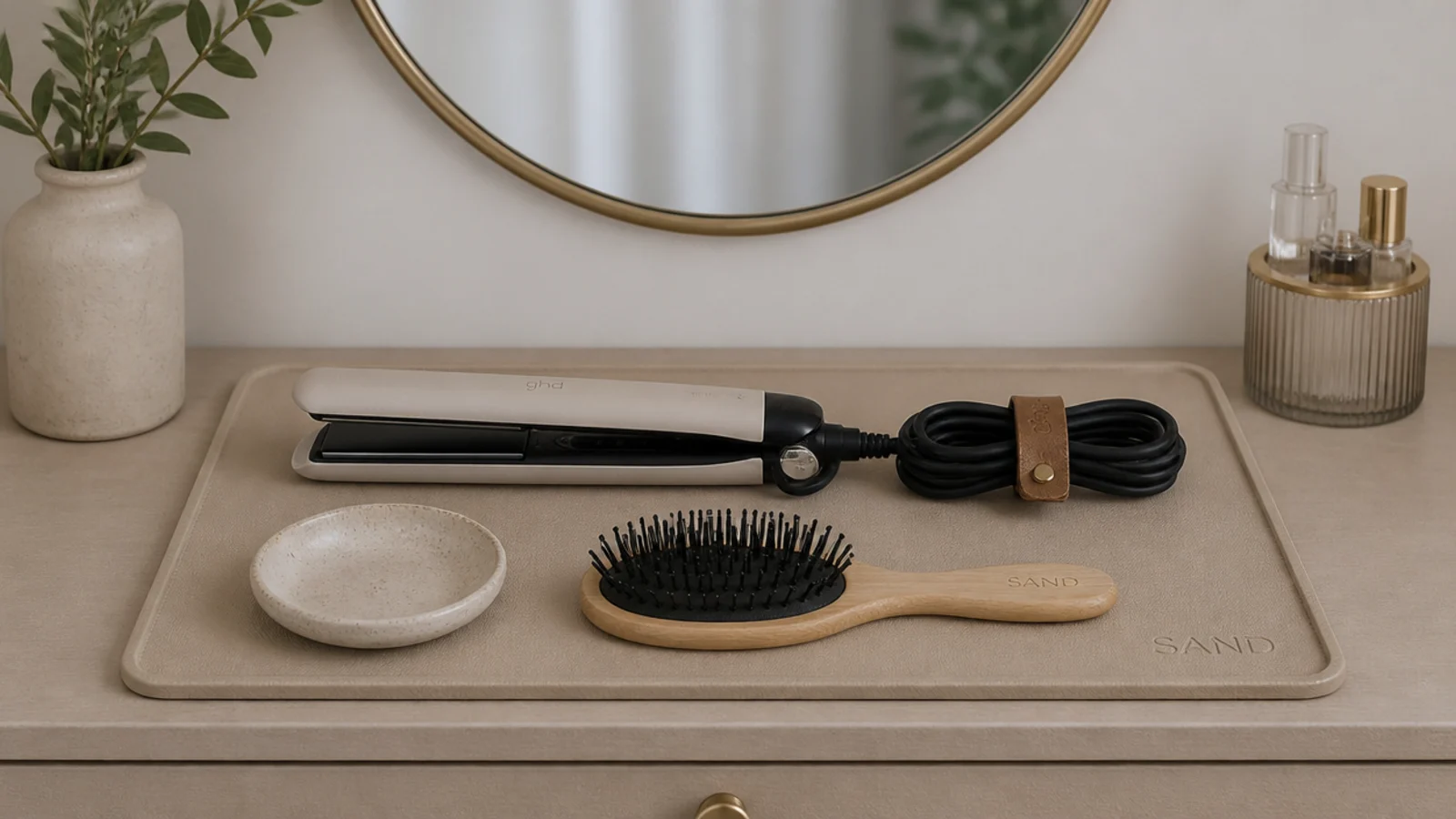 silicone heat mat holding a straightener with its cord coiled neatly