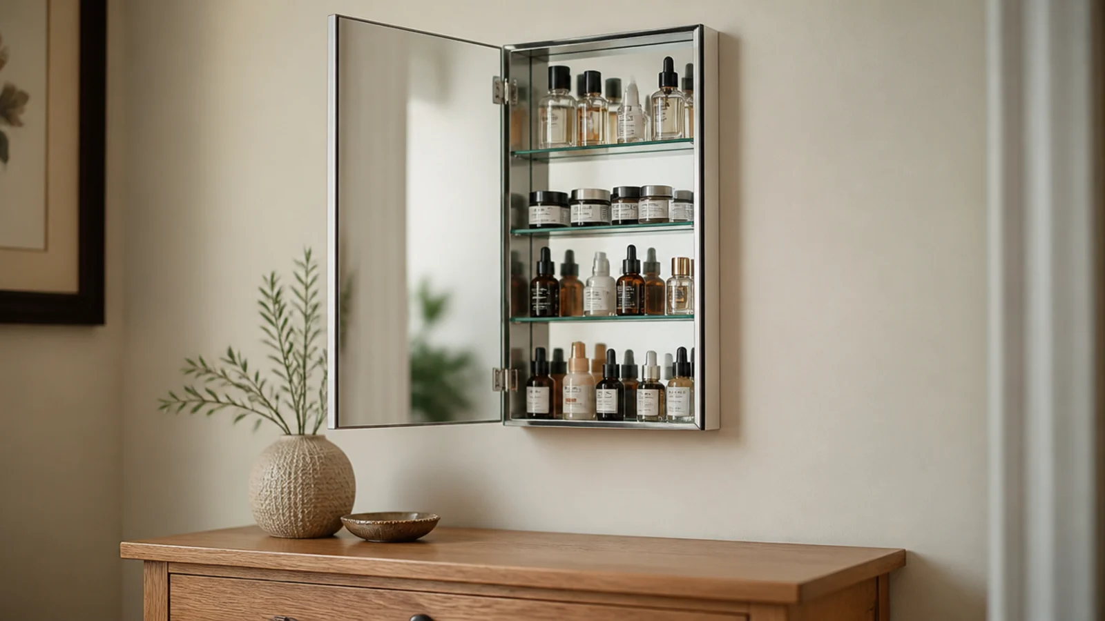 shallow wall mirror cabinet above a dressing table holding small bottles