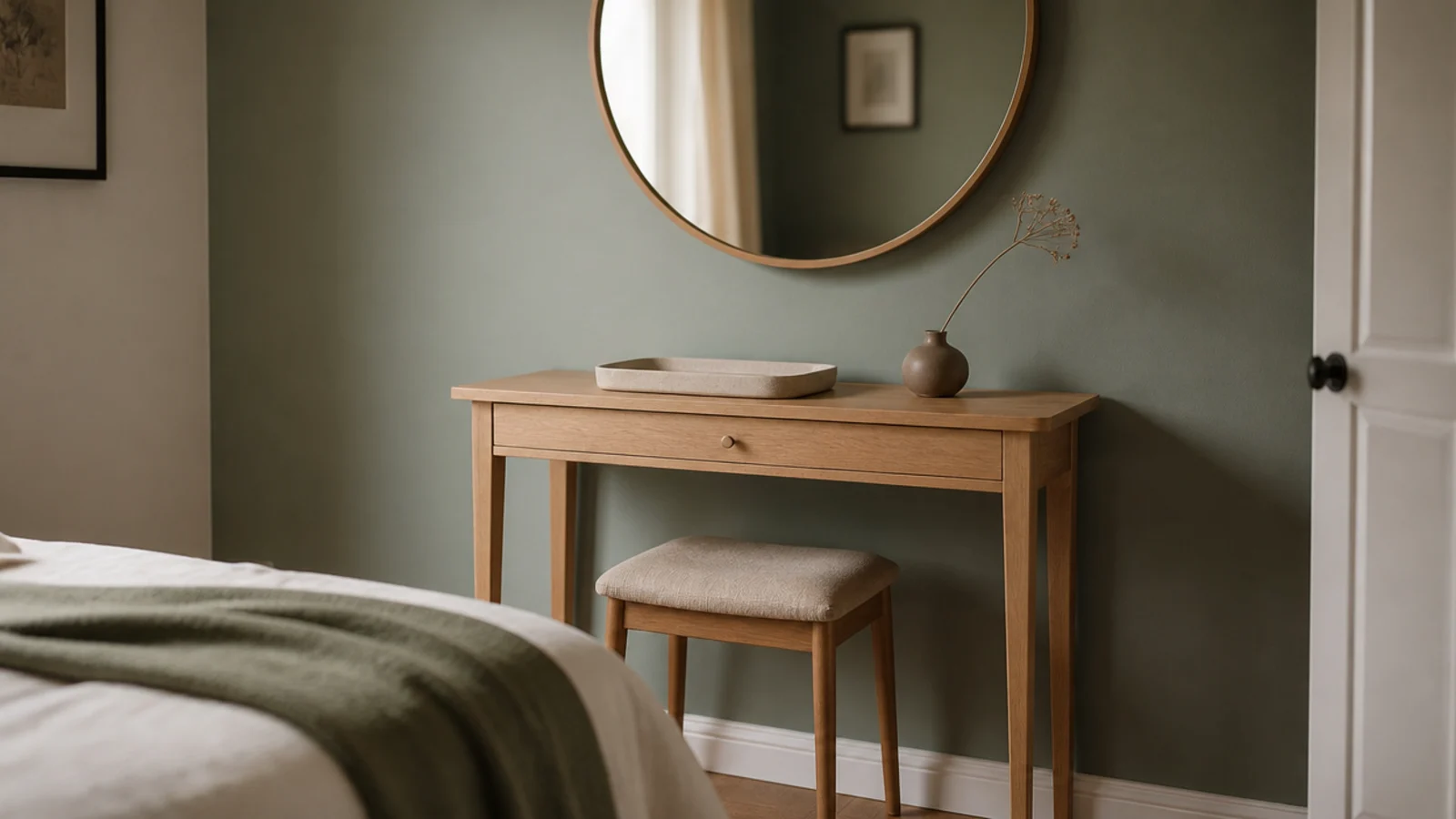 thirty inch narrow console working as a vanity in a small bedroom