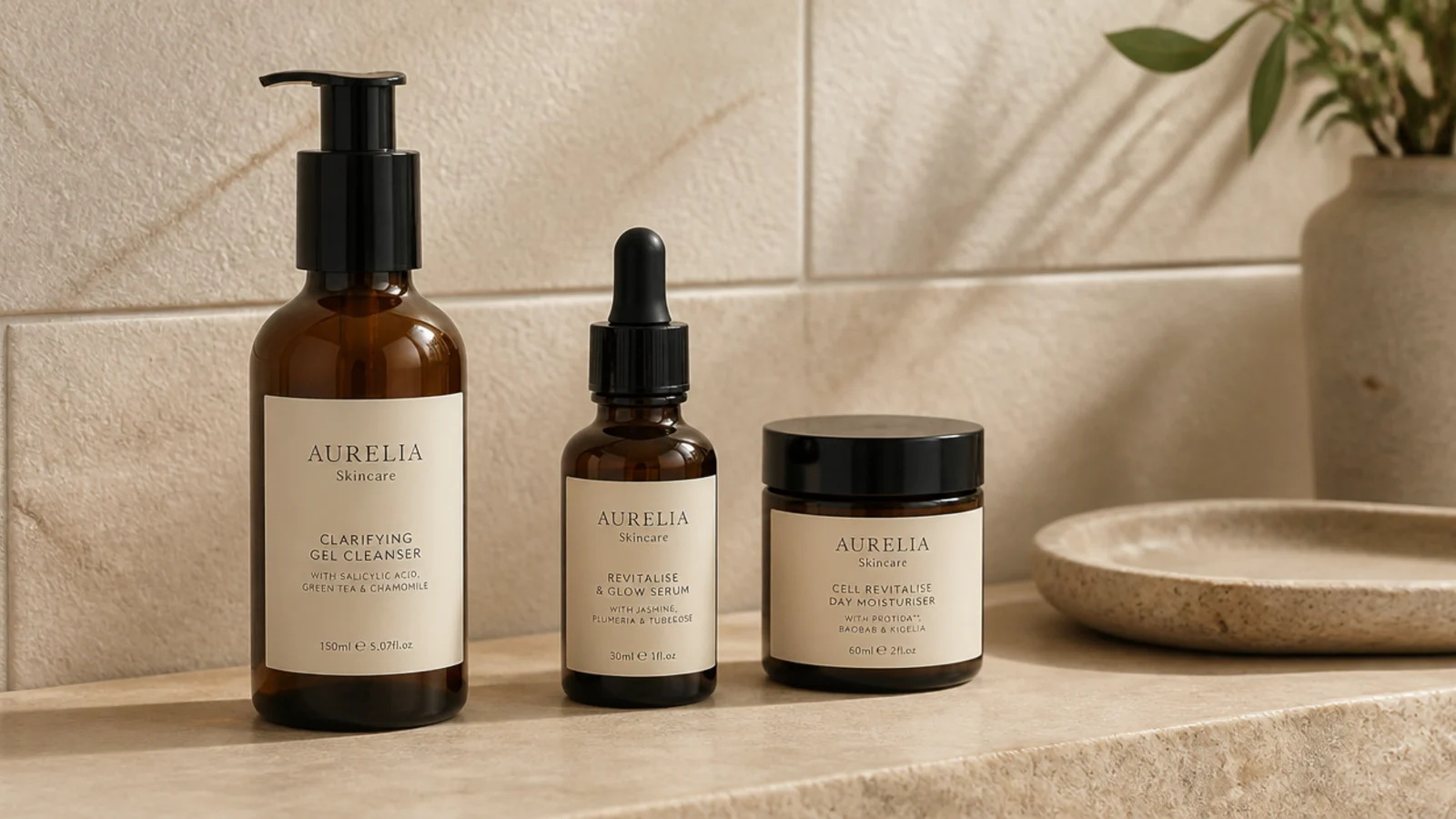 skincare bottles arranged left to right in vanity routine order