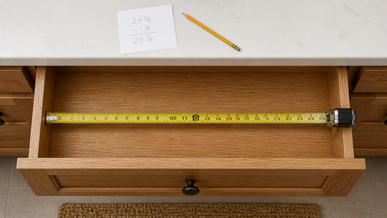tape measure laid inside an open vanity drawer before buying inserts