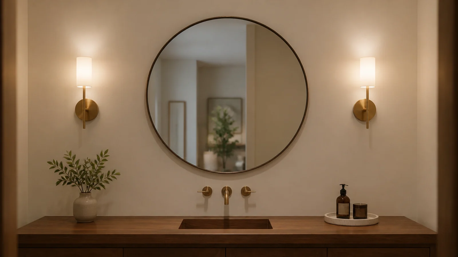 vanity mirror flanked by two warm sconces lighting the face evenly