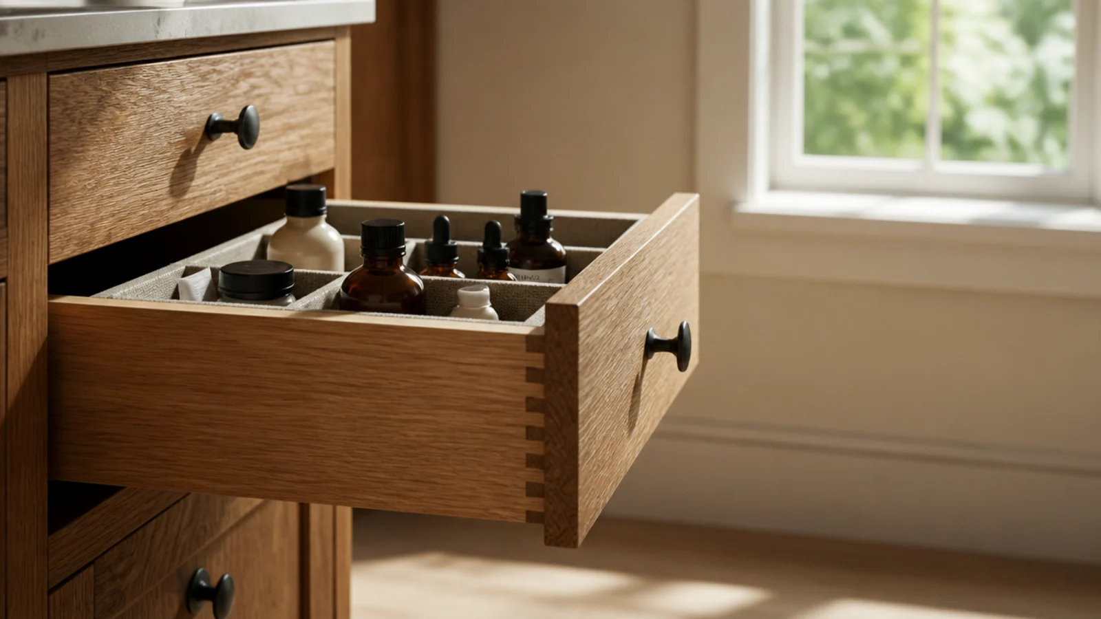 retinol and vitamin C bottles moved into a shaded vanity drawer