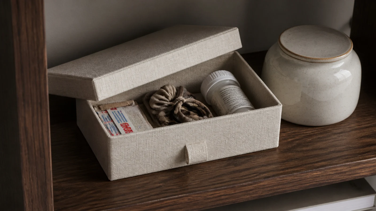 lidded linen box hiding hair ties and medicine on a vanity shelf