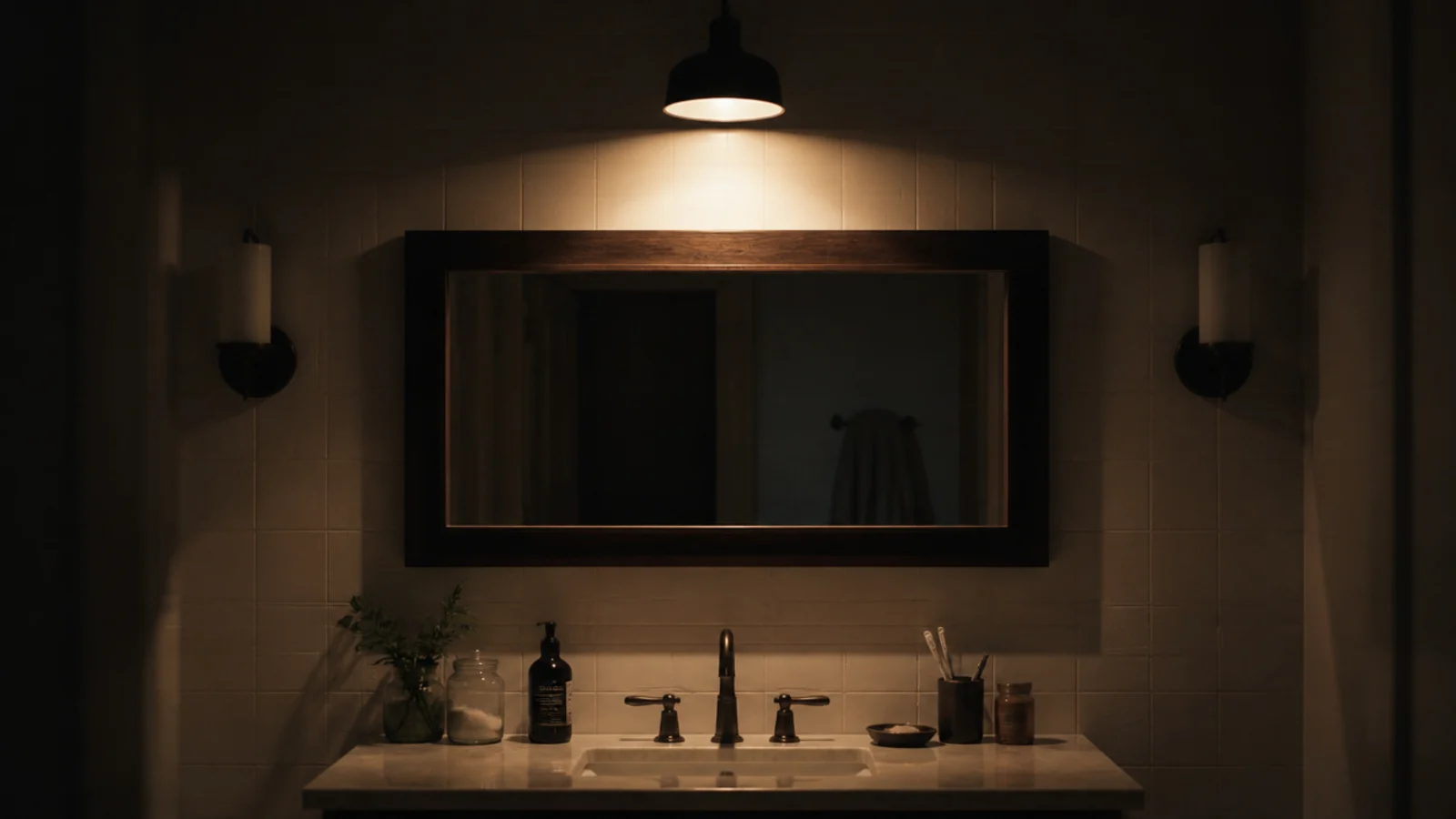 vanity mirror lit from above throwing shadow across a reflected face area