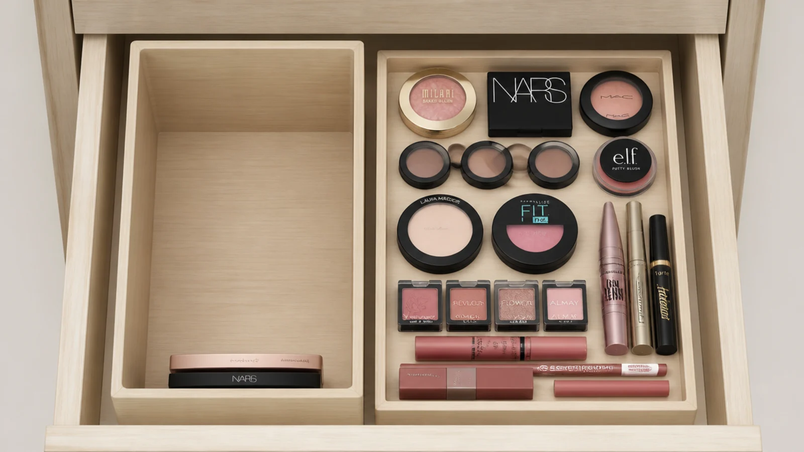 deep drawer bin holding compacts in a small pile at the bottom