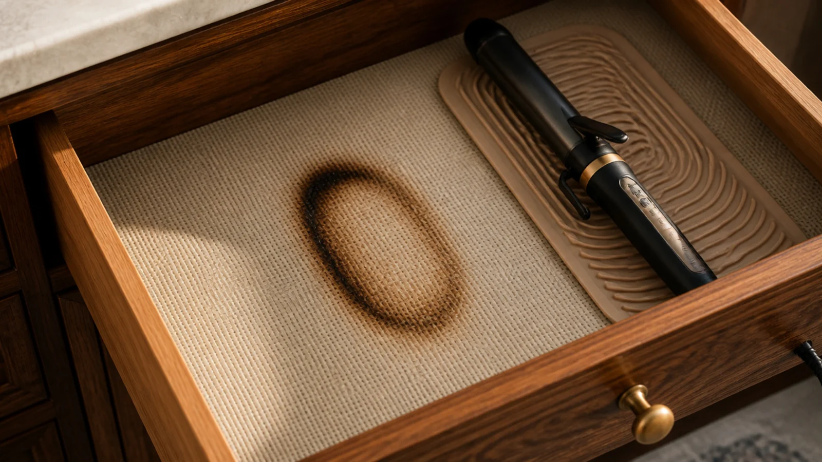 heat mark on a drawer liner beneath a recently used styling tool