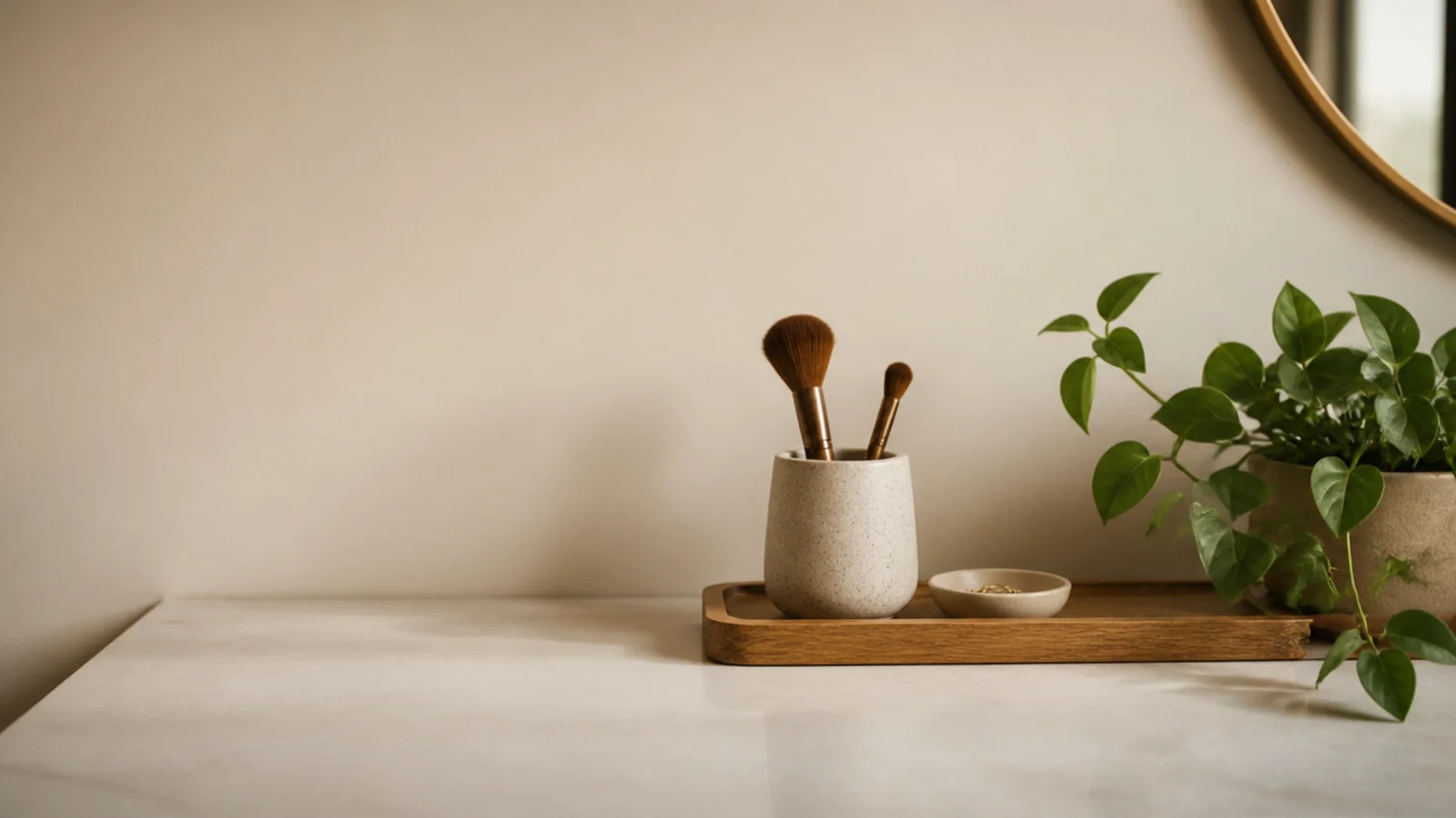 vertical image of vanity organization mistakes corrected on a calm counter